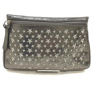 Jimmy Choo Large Gunmetal Metallic Leather  Silver Star Studded Clutch